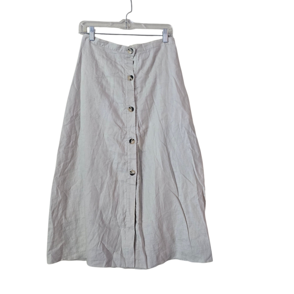 ELAN Womens 100% Linen Button-Down Midi Skirt Beige Size Medium